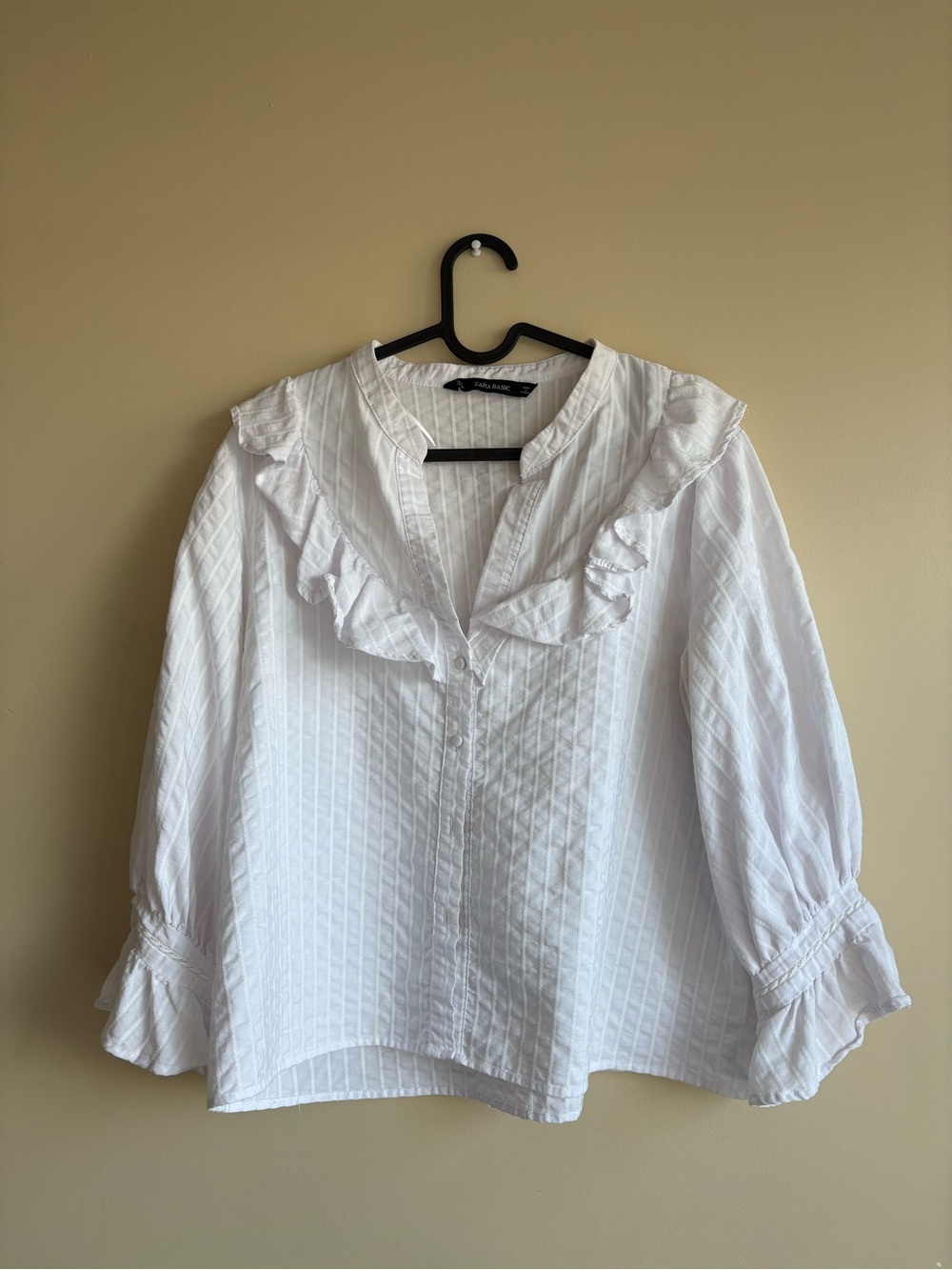 ZARA White Ruffle-Trim Blouse - Women's Top Size L